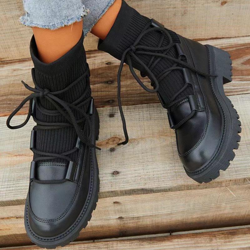 Women sock lace up chunky heel platform short black boots