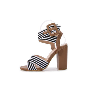 Women stripe printed criss cross strappy ankle strap chunky heels