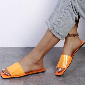 Women neon square peep toe strap summer slide sandals