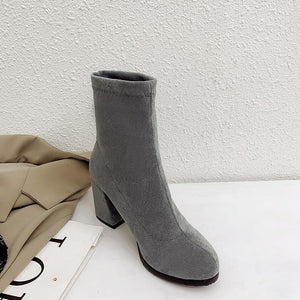 Solid color chunky heel short womens fashion boots