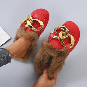Women winter closed toe fuzzy warm slippers flat indoors shoes