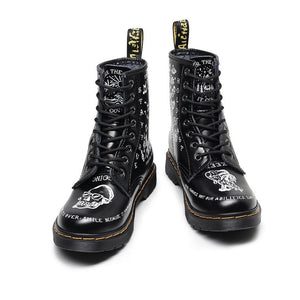 Women letters cartoon printed chunky platform lace up motorcyle boots