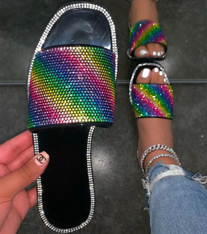 Women rainbow sparkly rhinestone strap square toe flat slide sandals