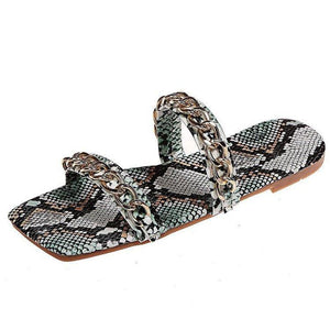 Women square two strap chain d¨¦cor slide snakeskin sandals