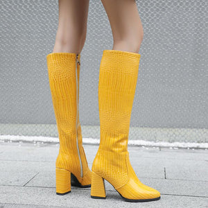 Women crocodile pattern chunky heel pointed toe knee high boots