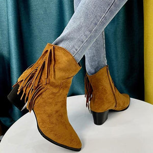 Women chunky heel pointed toe side zipper short fringe boots