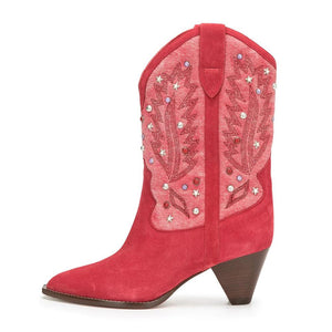 Women mid calf rhinestone embroidered flower chunky heel cowboy boots