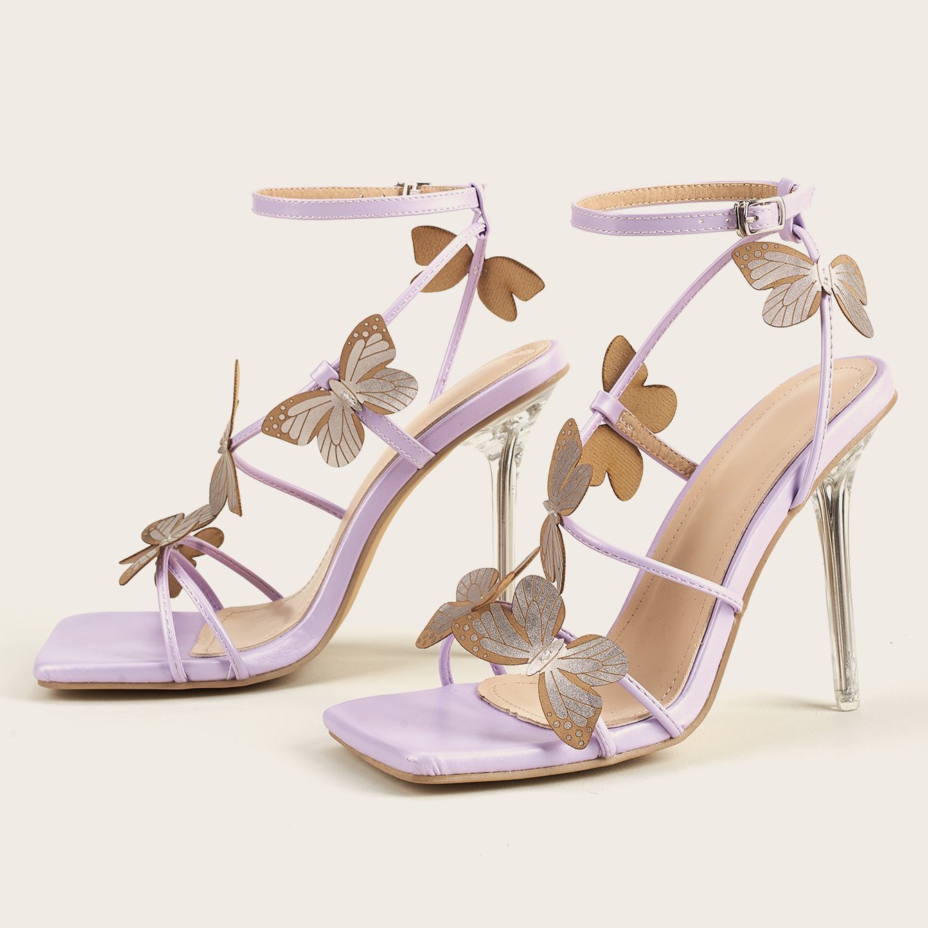 Women butterfly strappy clear heel peep toe ankle strap purple heels