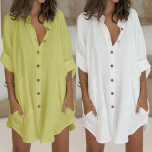 Women solid color button up turn-down collar shirts & tops