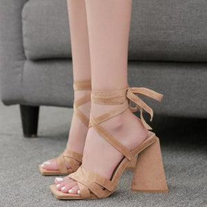 Women square peep toe chunky block heels lace up strappy heels