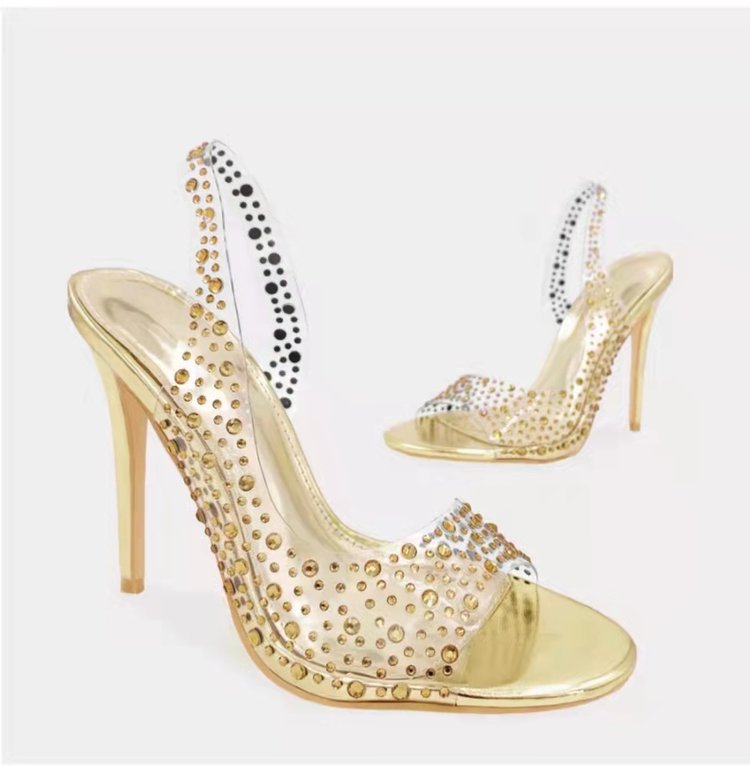 Women clear heels peep toe slingback rhinestone heels