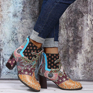 Women retro flowers printed side zipper chunky high heeled booties