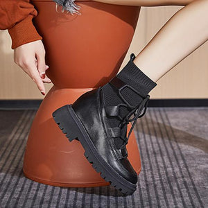 Women knit chunky heel platform lace up black short motorcycle boots