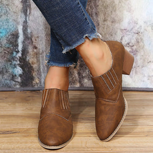 Women pointed toe chunky heel slip on ankle boots