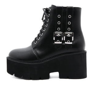 Women motorcycle platform lace up side zipper short black boots