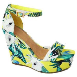 Women flowers printed buckle ankle strap peep toe wedge sandals