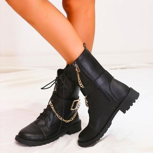 Women buckle strap chain d¨¦cor lace up short black boots