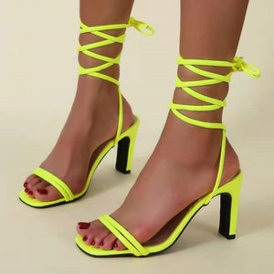 Women open toe chunky neon strappy lace up heels