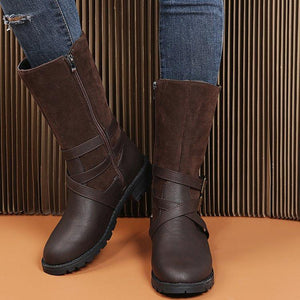 Women buckle strap chunky heel side zipper mid calf boots