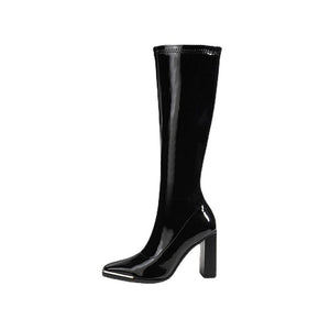 Women knee high square toe chunky high heel black boots