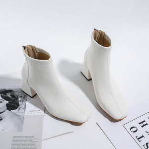 Women solid color chunky heel ankle square toed boots