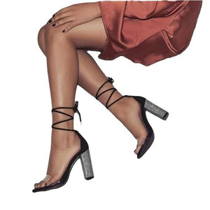 Women strappy lace up clear peep toe rhinestone chunky heels