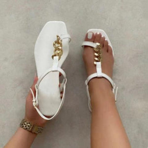 Women square toe chain d¨¦cor ankle strap flat sandals