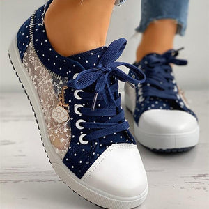 Women's blue floral lace hollow canvas shoes flat front lace casual shoes