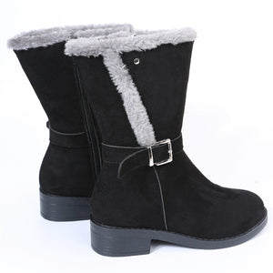 Women winter mid calf faux fur side zipper buckle strap snow boots