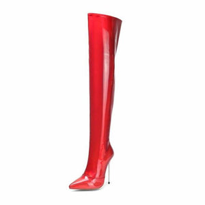 Women prom fashion mirror bling stiletto pointed toe over the knee boots