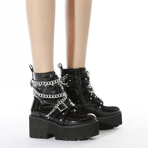 Women chain  chunky platform lace up black motorcycle boots