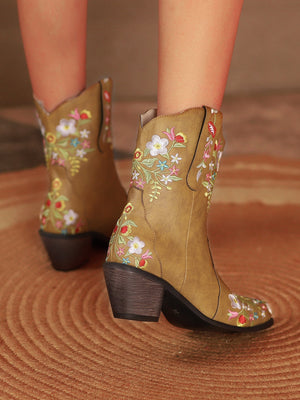 Women brown chunky heel embroidered flower short fall boots