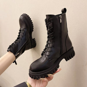 Women chunky heel platform double zippers lace up black boots