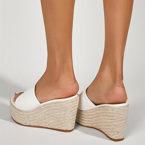 Women white peep toe one strap slide espadrille wedge sandals