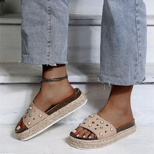 Women rhinestone strap flatform slide espadrille sandals