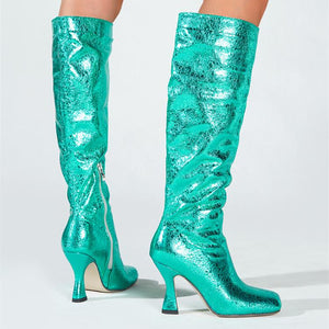 Women square toed sequin stiletto high heel knee high boots