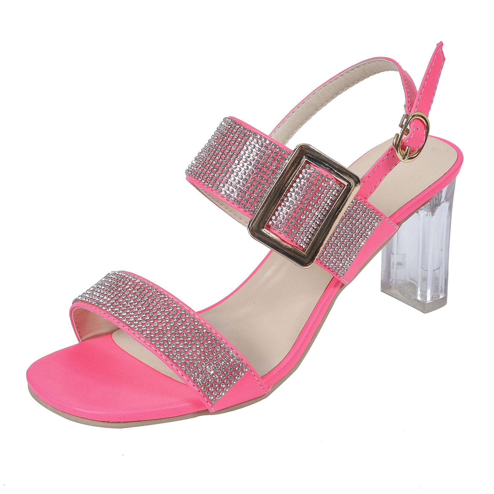 Women two strap clear chunky heel peep toe ankle strap rhinestone sandals