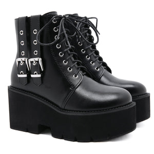 Women motorcycle platform lace up side zipper short black boots