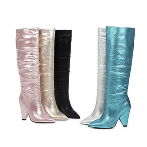 Women fashion pointed toe chunky heel slouch knee high boots