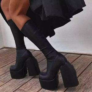 Women knee high black side zipper chunky high heel platform boots
