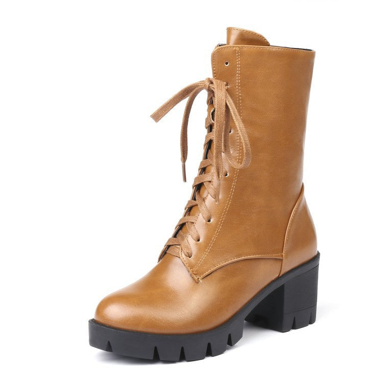 Women short platform chunky heel side zipper lace up boots