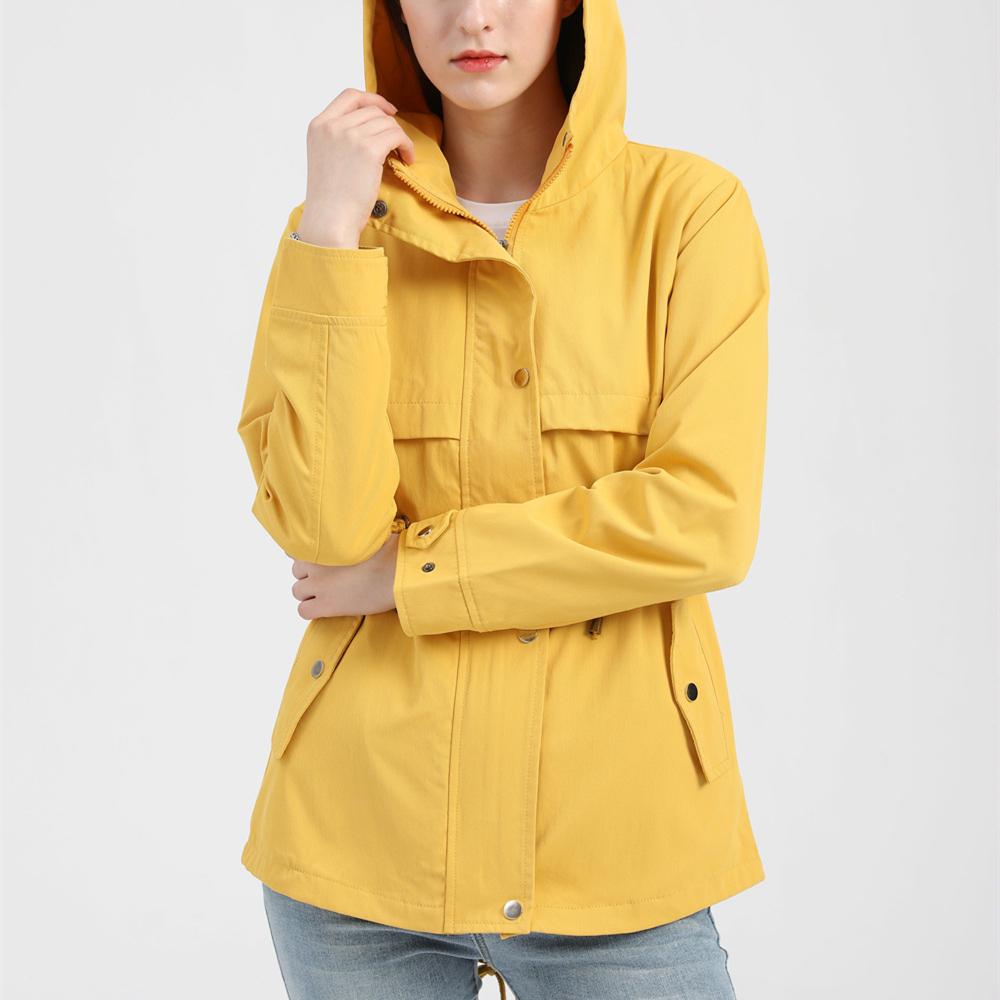 Women hoodie waist laces outdoor trench coat with pockets