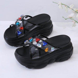 Women clear rhinestone criss cross strap thick sole slide sandals