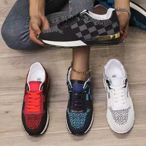 Women knit color block criss cross lace up wedge sneakers
