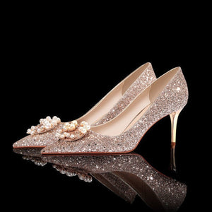 Women bridal rhinestone pointed toe sequin stiletto wedding heels