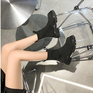 Women knit sock breathable slip on chunky platform short black boots