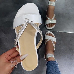 Women rhinestone strap slide flat sandals