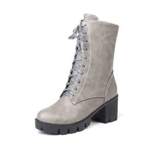 Women short platform chunky heel side zipper lace up boots