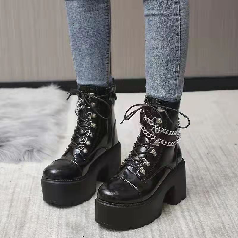 Women short black punk chain  lace up chunky heel platform boots