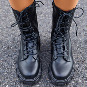 Women criss cross lace up side zipper chunky platform combat boots